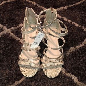 Snake skin, wedge heel strappy sandals size 7